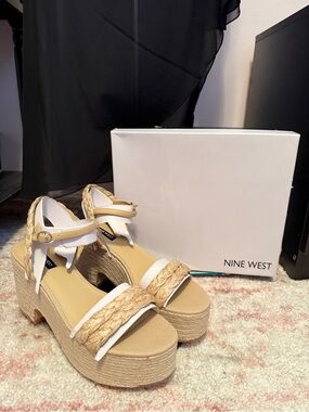 Nine West White and Natural Braided Platform Sandals